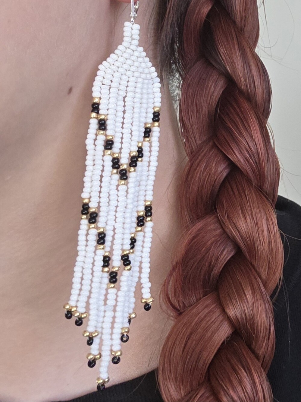 White Beaded Fringe Earrings with Black & Gold Accent Beads